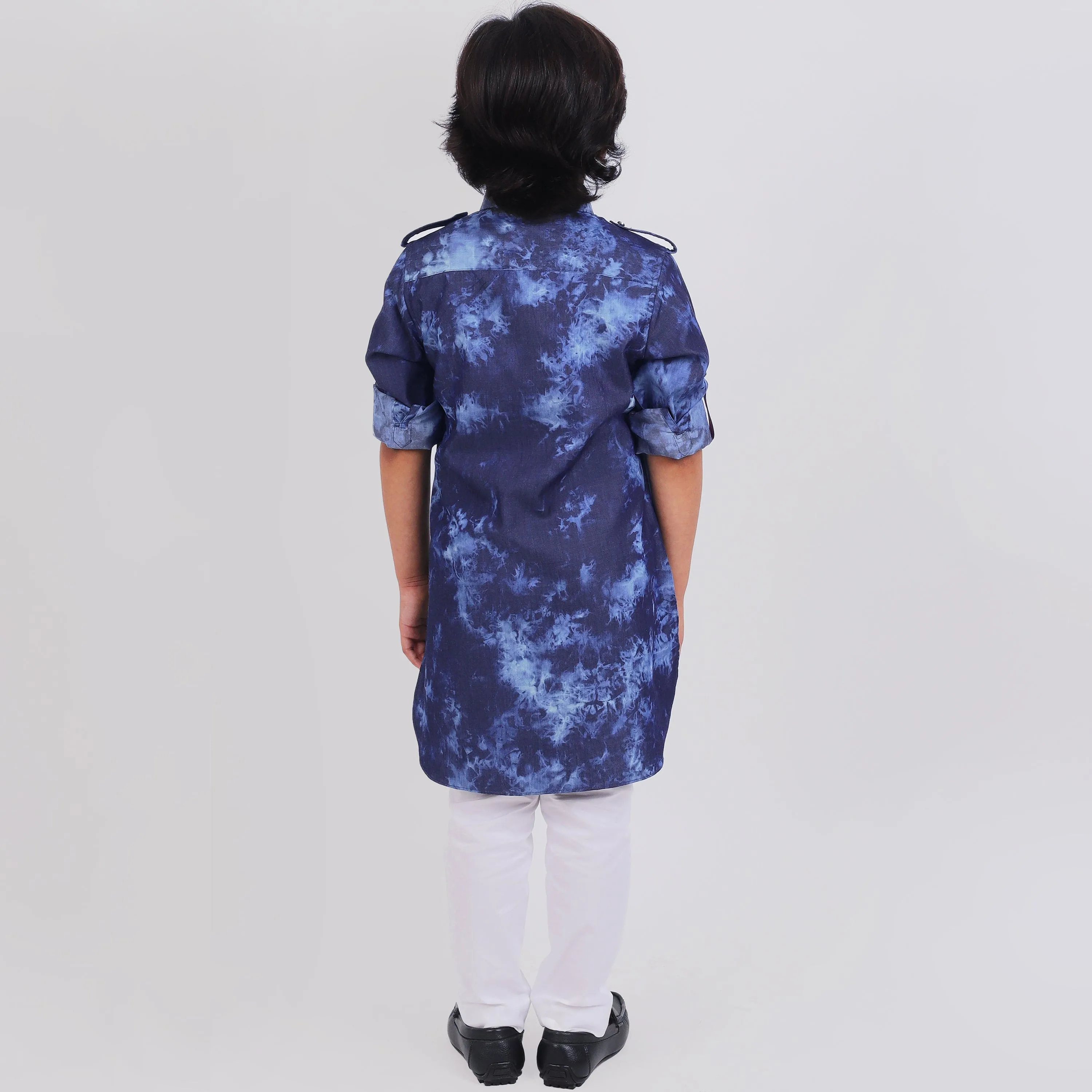 Pre-Order : DENIM PATHANI KURTA WITH WHITE PANTS for Boys