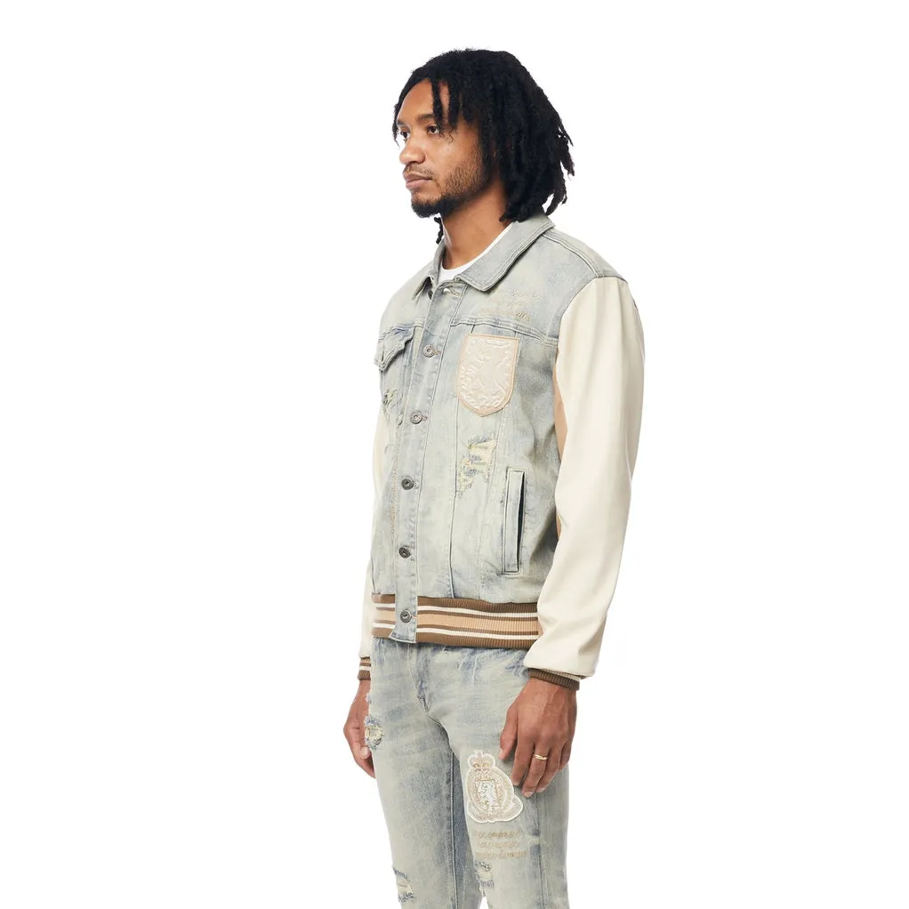 Preppy Crest Embroidered Jean Jacket - Industrial Blue