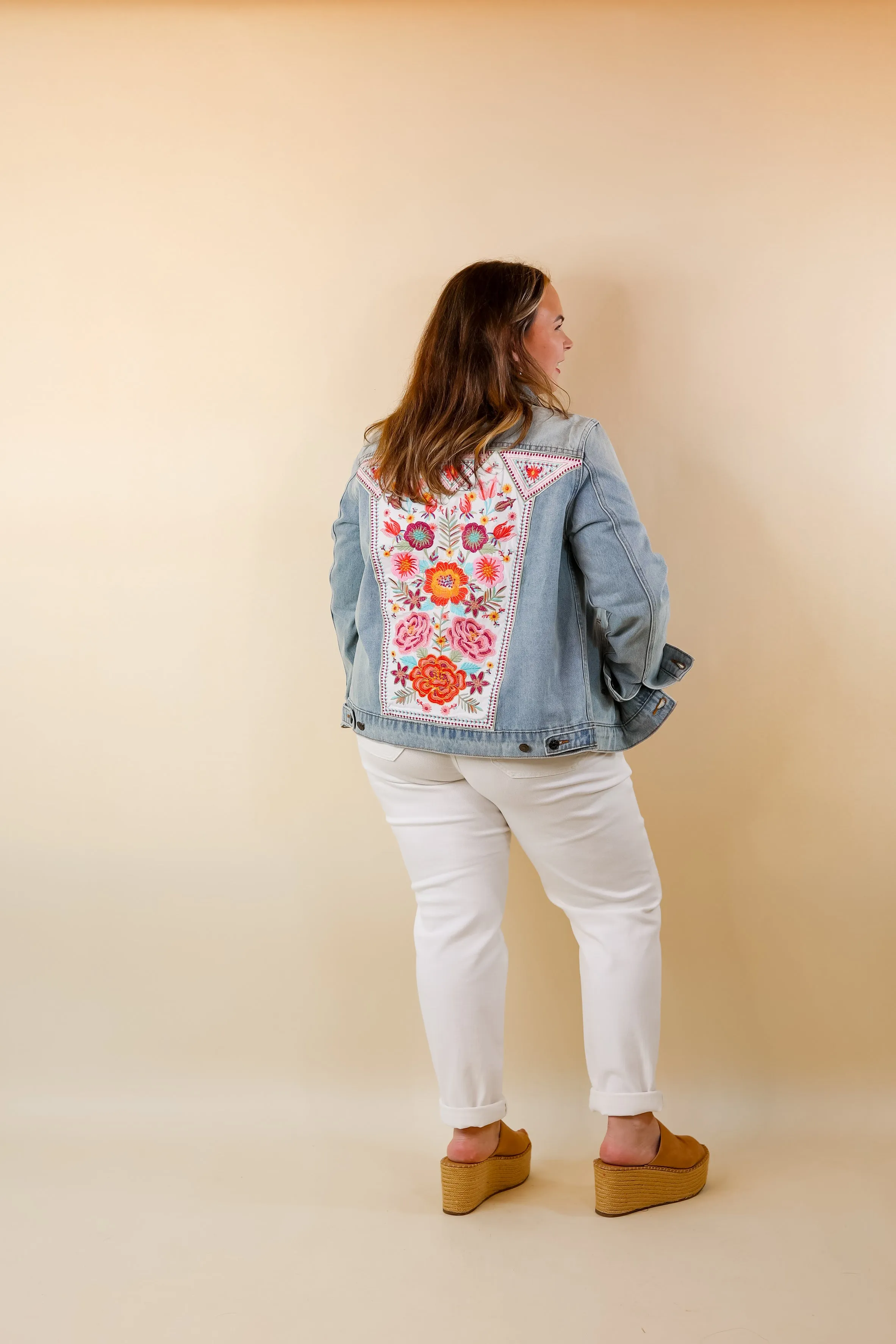 Prime Time Floral Embroidered Denim Jacket in Light Wash