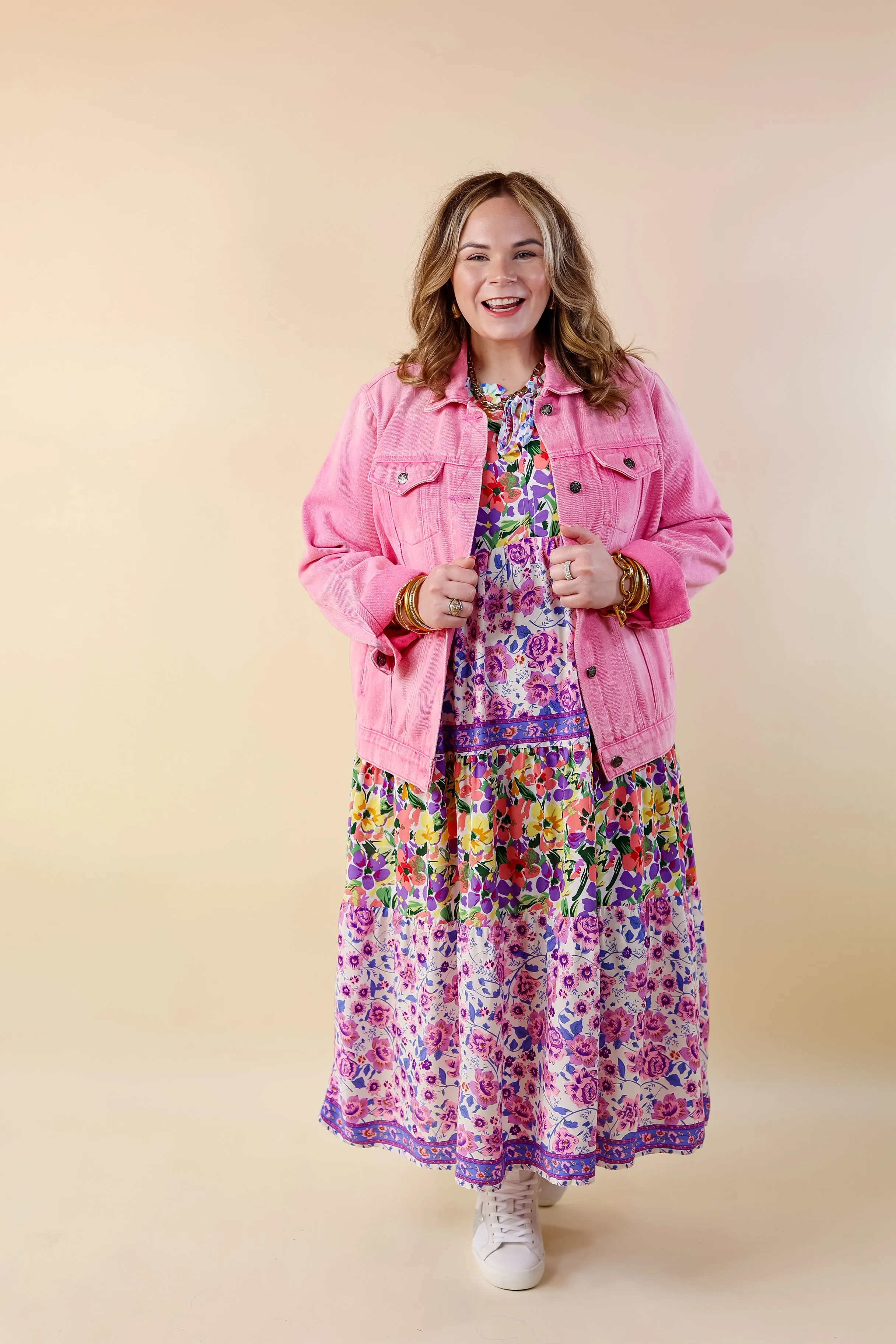 Prime Time Floral Embroidered Denim Jacket With Pockets in Pink