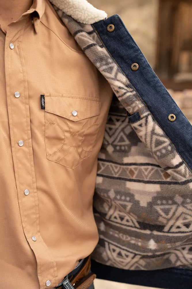 "Hooey Denim Jacket" Denim w/Cream Sherpa & Brown/ Tan Aztec Fleece Lining