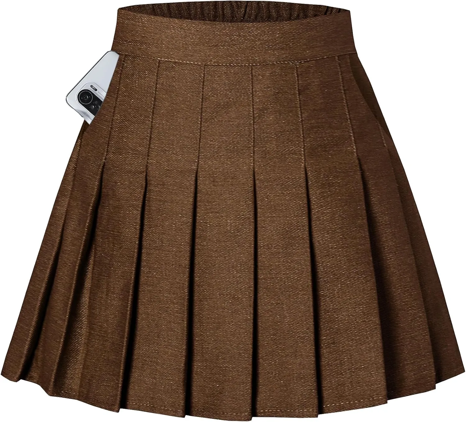 SANGTREE Denim Brown Pockets Pleated Women Skirt, Girl Stretch Mini Jean Plus Size Skirt, Elastic High Waist Summer Casual Short Solid Skirt, Denim Brown, US S