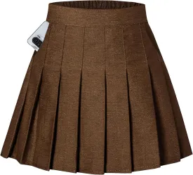 SANGTREE Denim Brown Pockets Pleated Women Skirt, Girl Stretch Mini Jean Plus Size Skirt, Elastic High Waist Summer Casual Short Solid Skirt, Denim Brown, US S