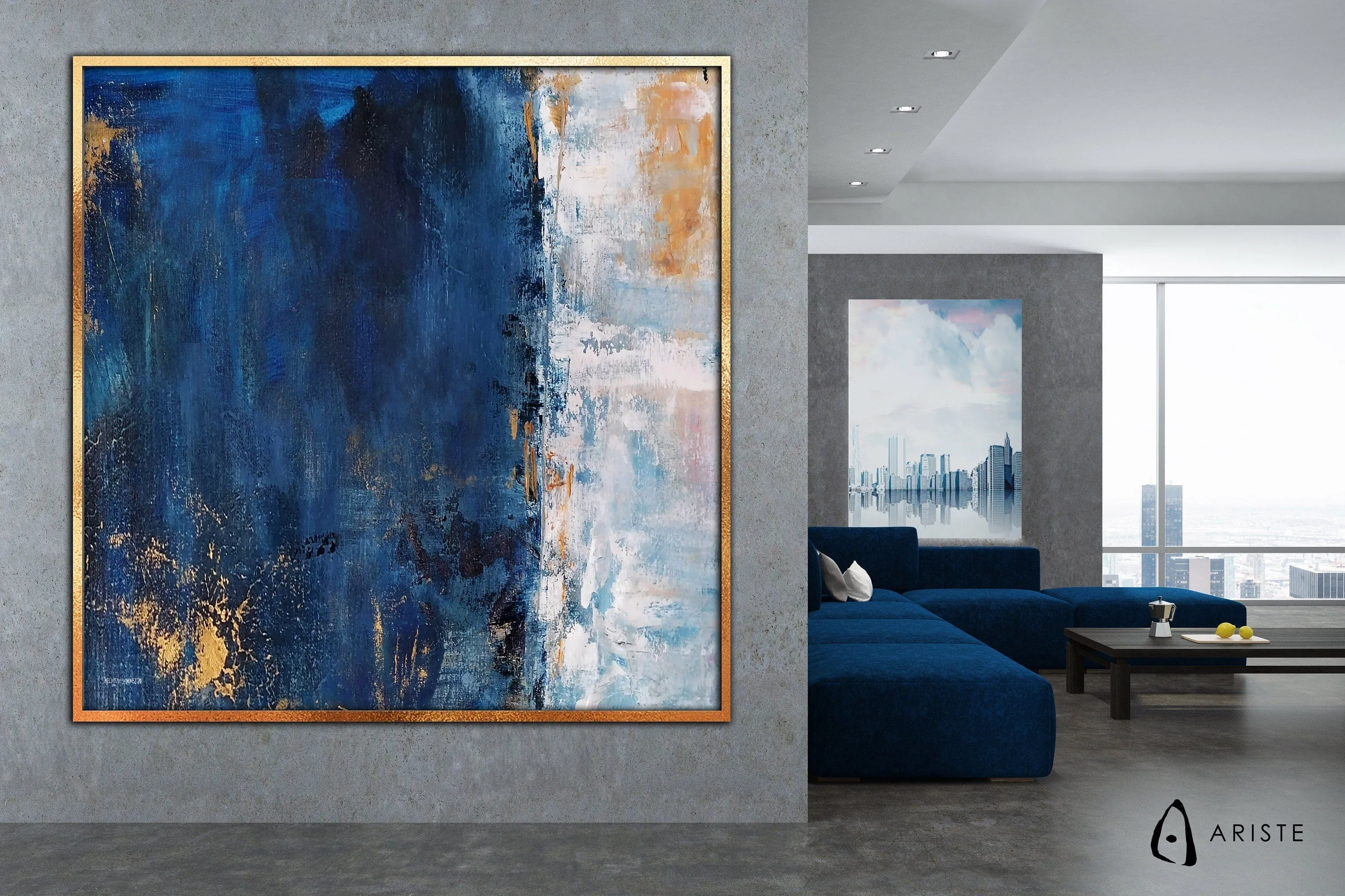 Sapphire blue & gold large abstract wall art made to order in a custom size