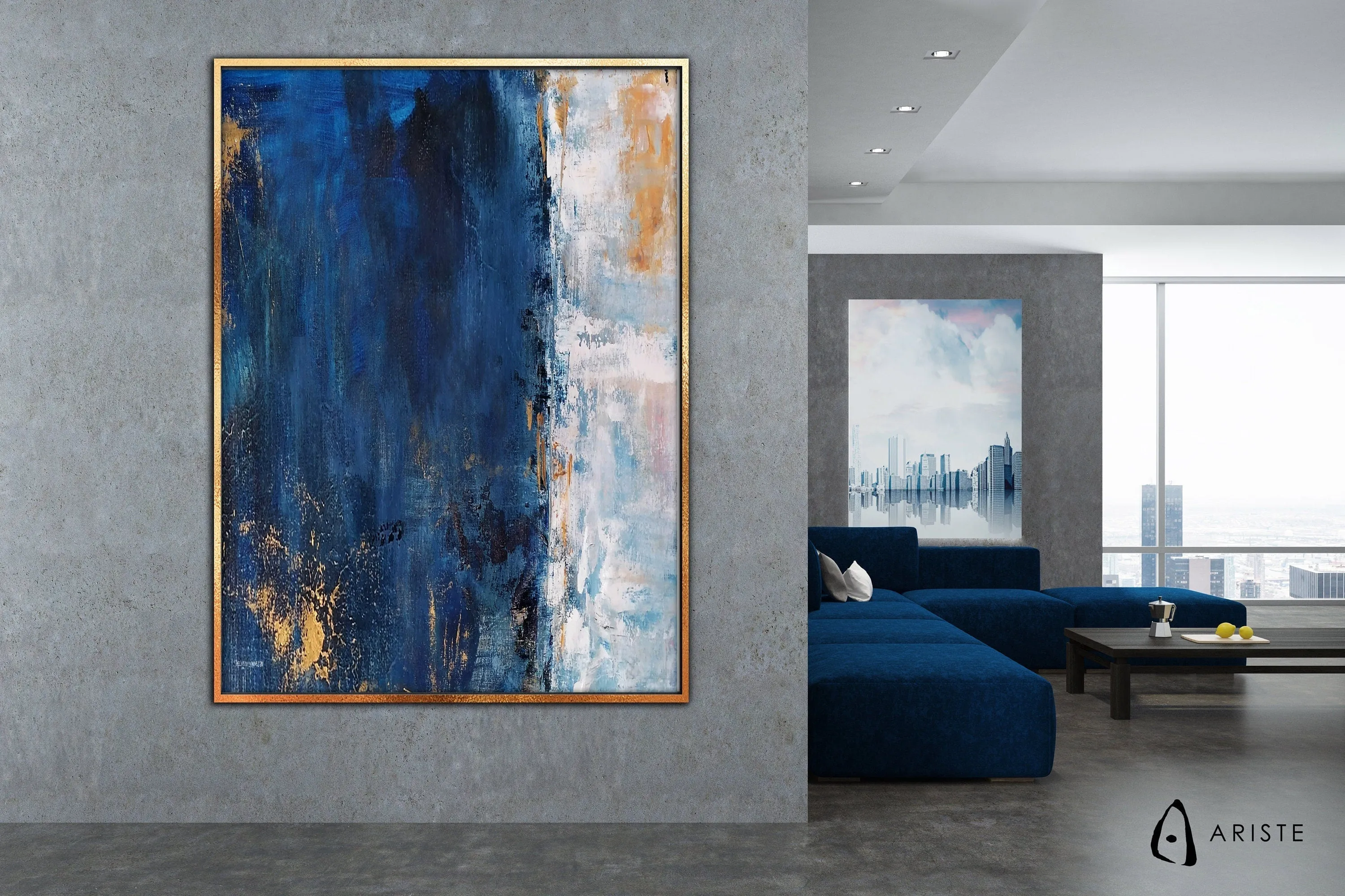 Sapphire blue & gold large abstract wall art made to order in a custom size