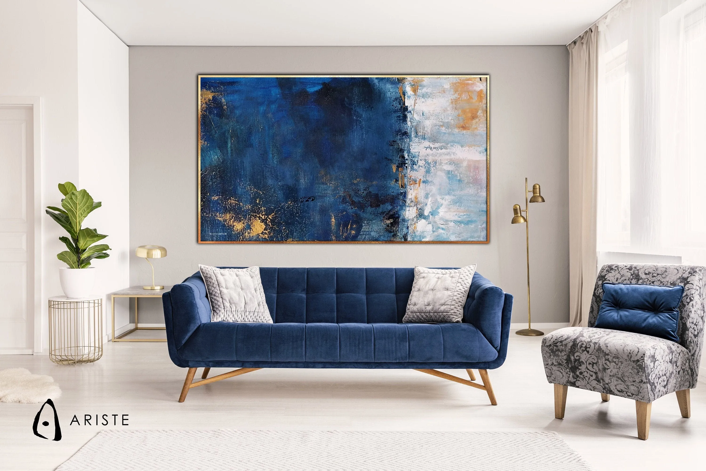 Sapphire blue & gold large abstract wall art made to order in a custom size