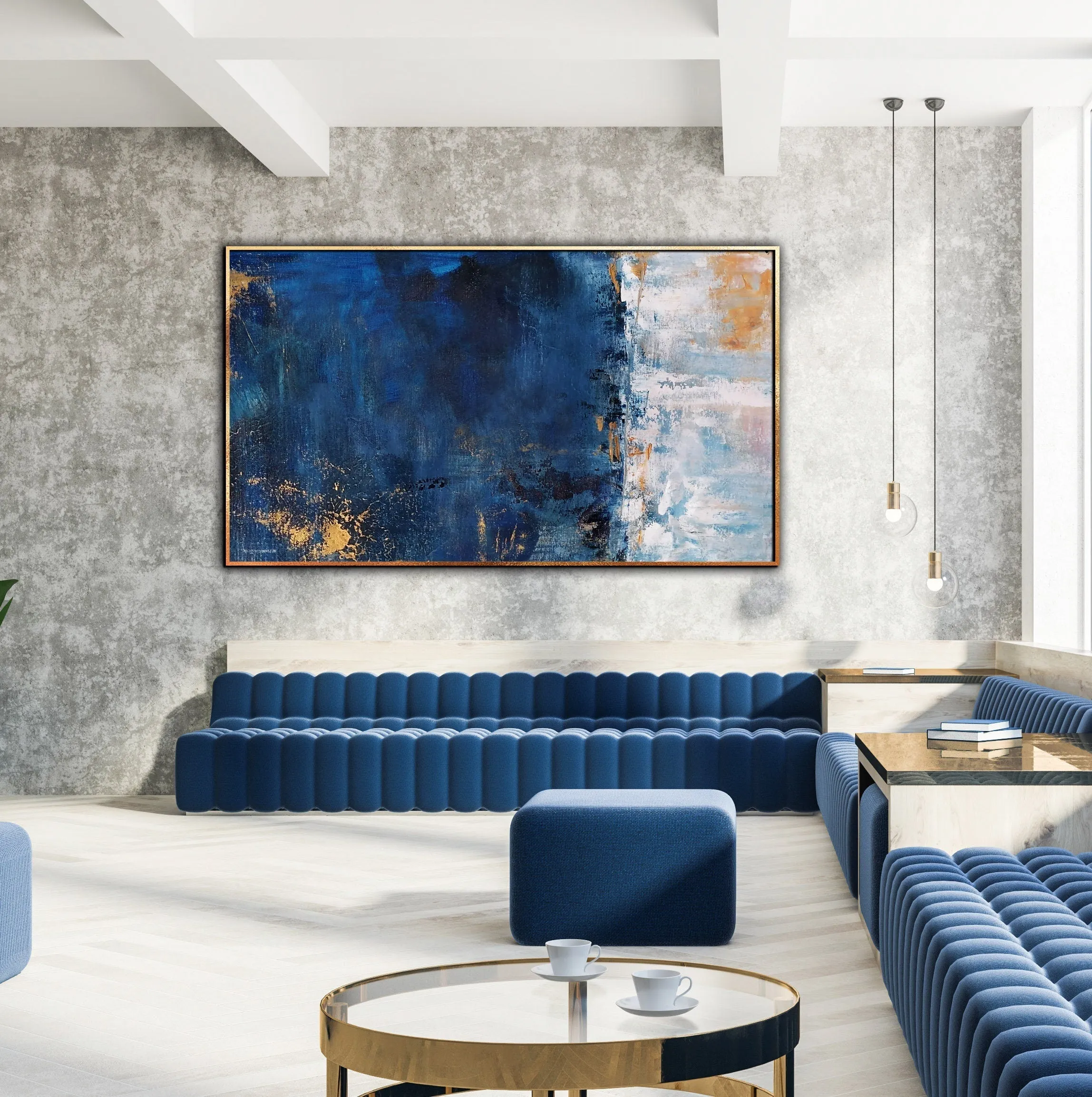 Sapphire blue & gold large abstract wall art made to order in a custom size