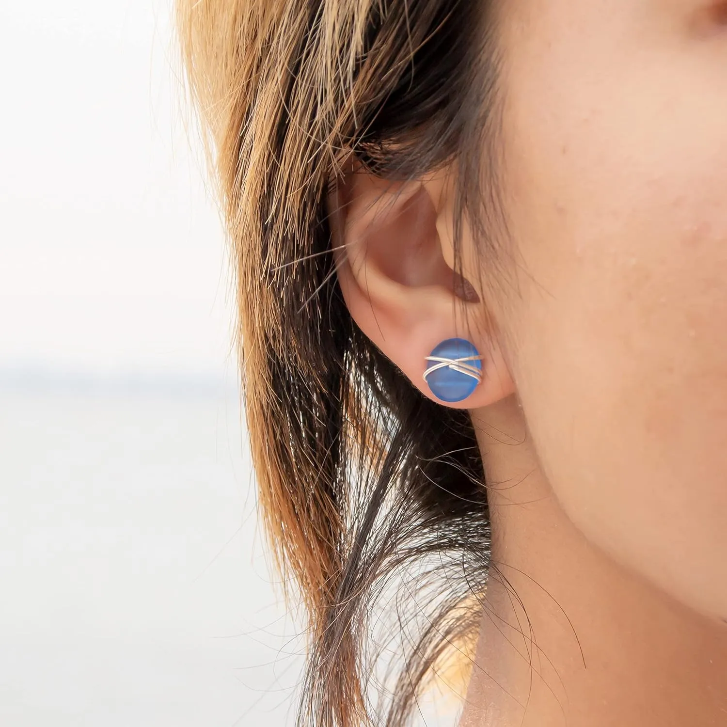 Sea Glass Earrings S990 Sterling Silver Hypoallergenic Handmade Stud Post Earrings Beach Glass Fashion Statement Handcraft Jewelry for Women Girls (L, Dark Blue)
