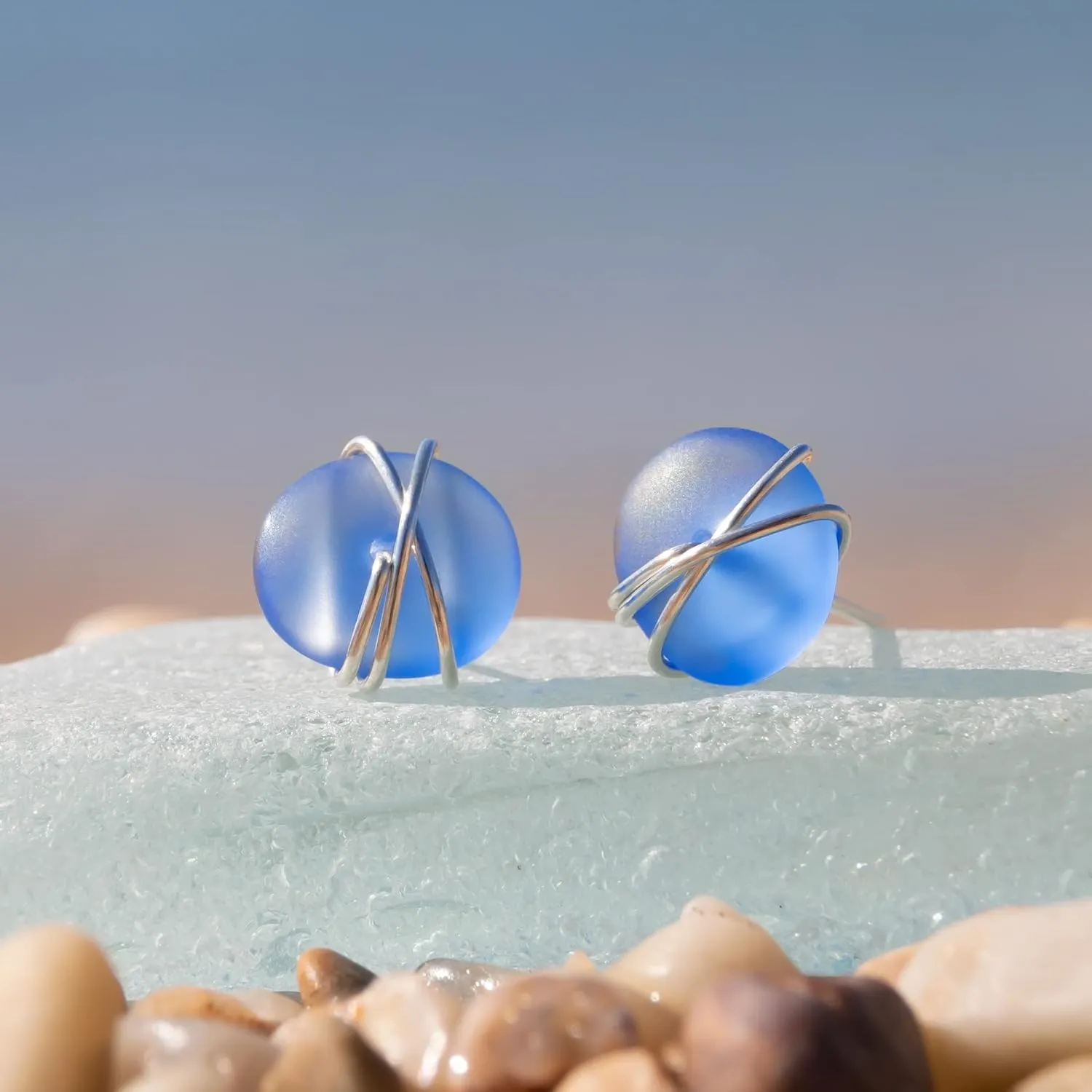 Sea Glass Earrings S990 Sterling Silver Hypoallergenic Handmade Stud Post Earrings Beach Glass Fashion Statement Handcraft Jewelry for Women Girls (L, Dark Blue)