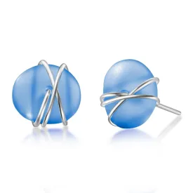Sea Glass Earrings S990 Sterling Silver Hypoallergenic Handmade Stud Post Earrings Beach Glass Fashion Statement Handcraft Jewelry for Women Girls (L, Dark Blue)