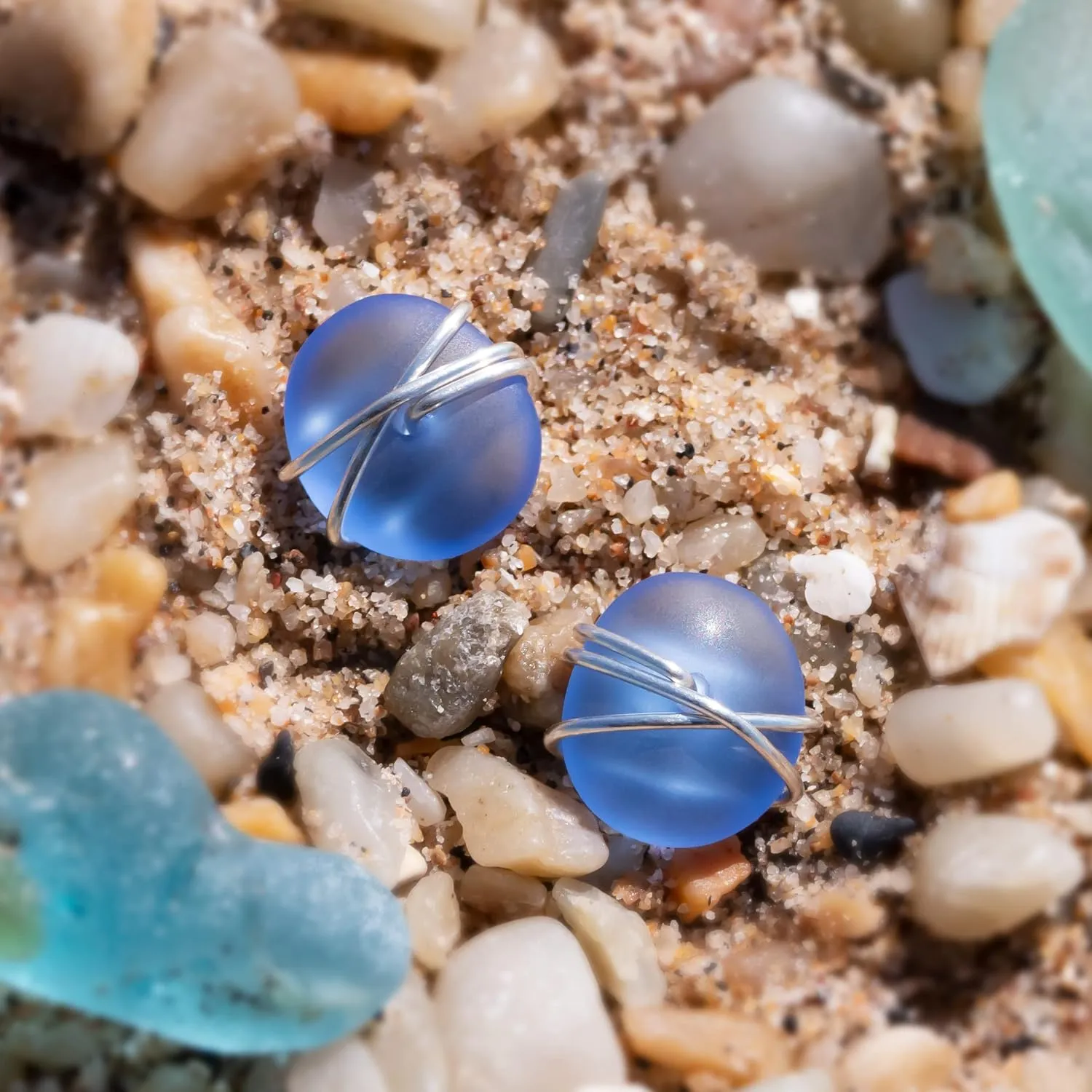 Sea Glass Earrings S990 Sterling Silver Hypoallergenic Handmade Stud Post Earrings Beach Glass Fashion Statement Handcraft Jewelry for Women Girls (L, Dark Blue)