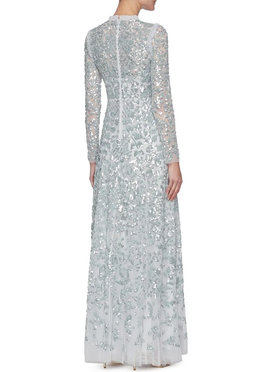 Silvery Blue Amaryllis Long Sleeves Embellished Gown (UK 10)