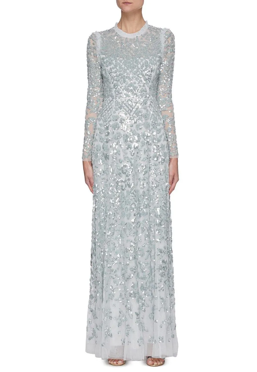 Silvery Blue Amaryllis Long Sleeves Embellished Gown (UK 10)