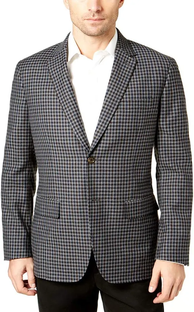Tasso Elba Mens Checked Two Button Blazer Jacket, Grey, XX-Large (Regular)