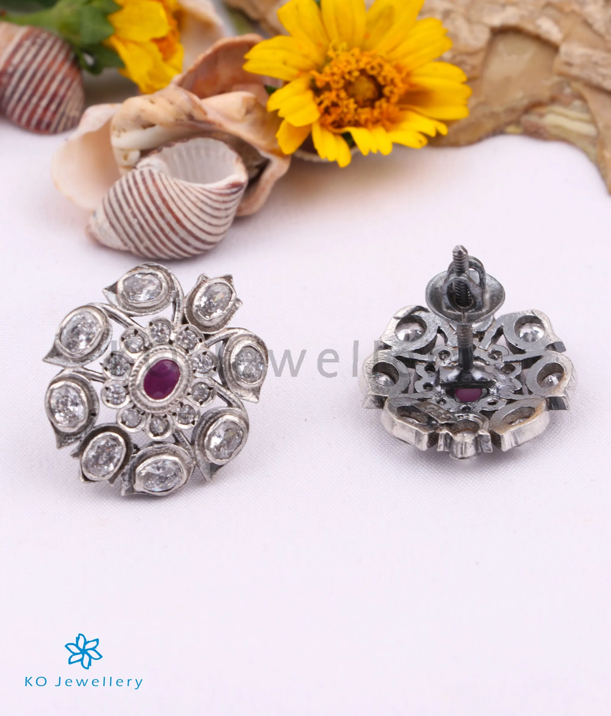 The Abhijita Silver Navratna Ear-studs (White/Oxidised)