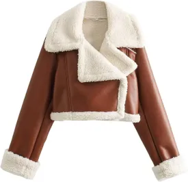 Uillui Women's Faux Shearing Fur Lined Leather Jacket Warm Thick Winter Coat Sherpa Lined Short Moto Biker Short Crop Coats