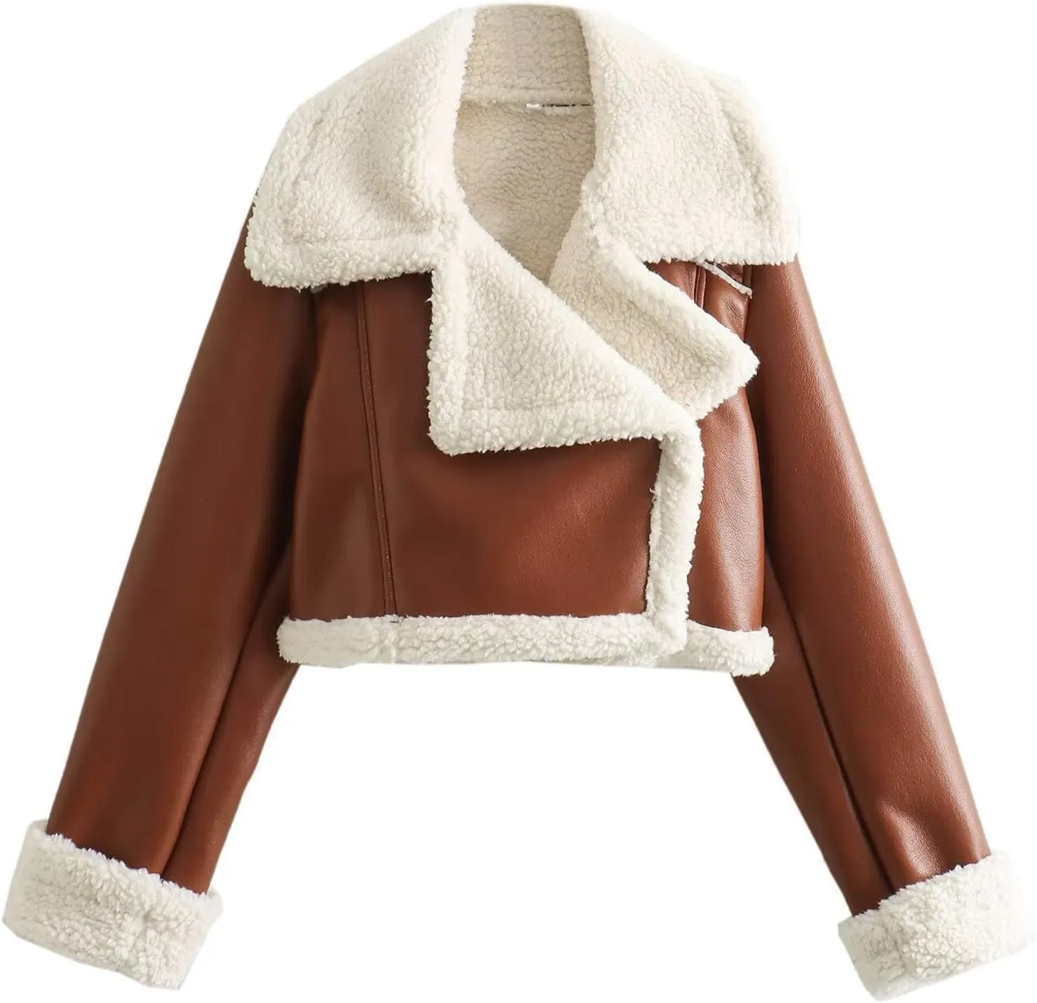 Uillui Women's Faux Shearing Fur Lined Leather Jacket Warm Thick Winter Coat Sherpa Lined Short Moto Biker Short Crop Coats
