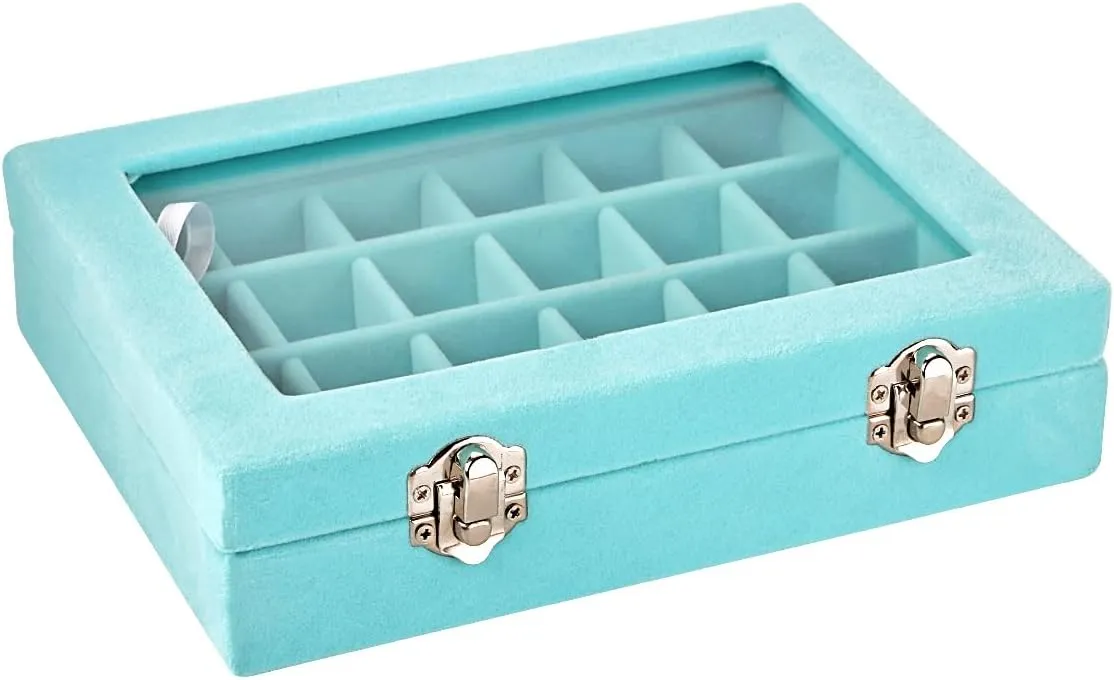 Velvet Glass Jewelry Ring Display Organiser Box Tray Holder Earrings Storage Case (Light Blue)