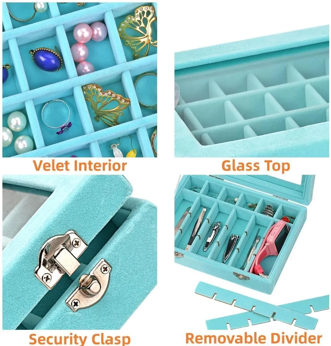 Velvet Glass Jewelry Ring Display Organiser Box Tray Holder Earrings Storage Case (Light Blue)