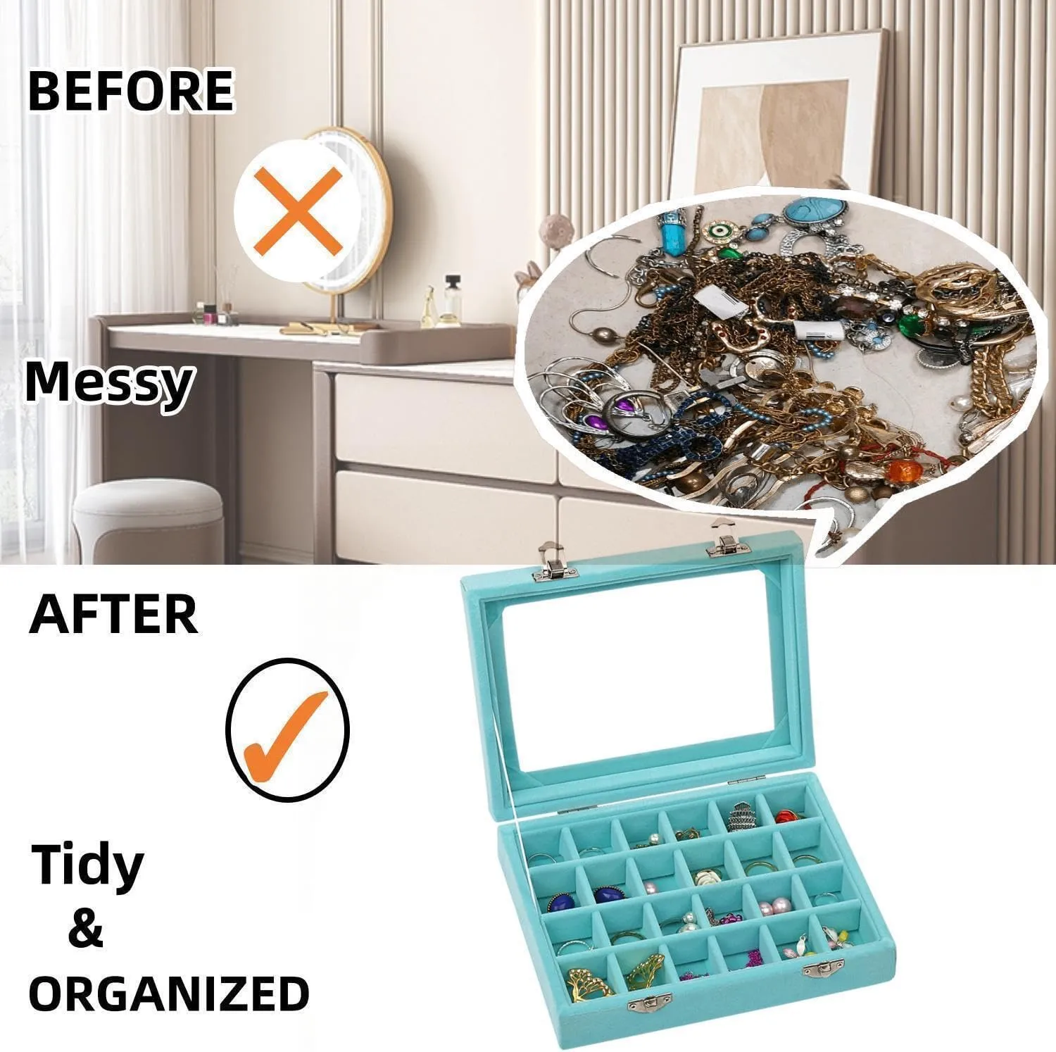 Velvet Glass Jewelry Ring Display Organiser Box Tray Holder Earrings Storage Case (Light Blue)
