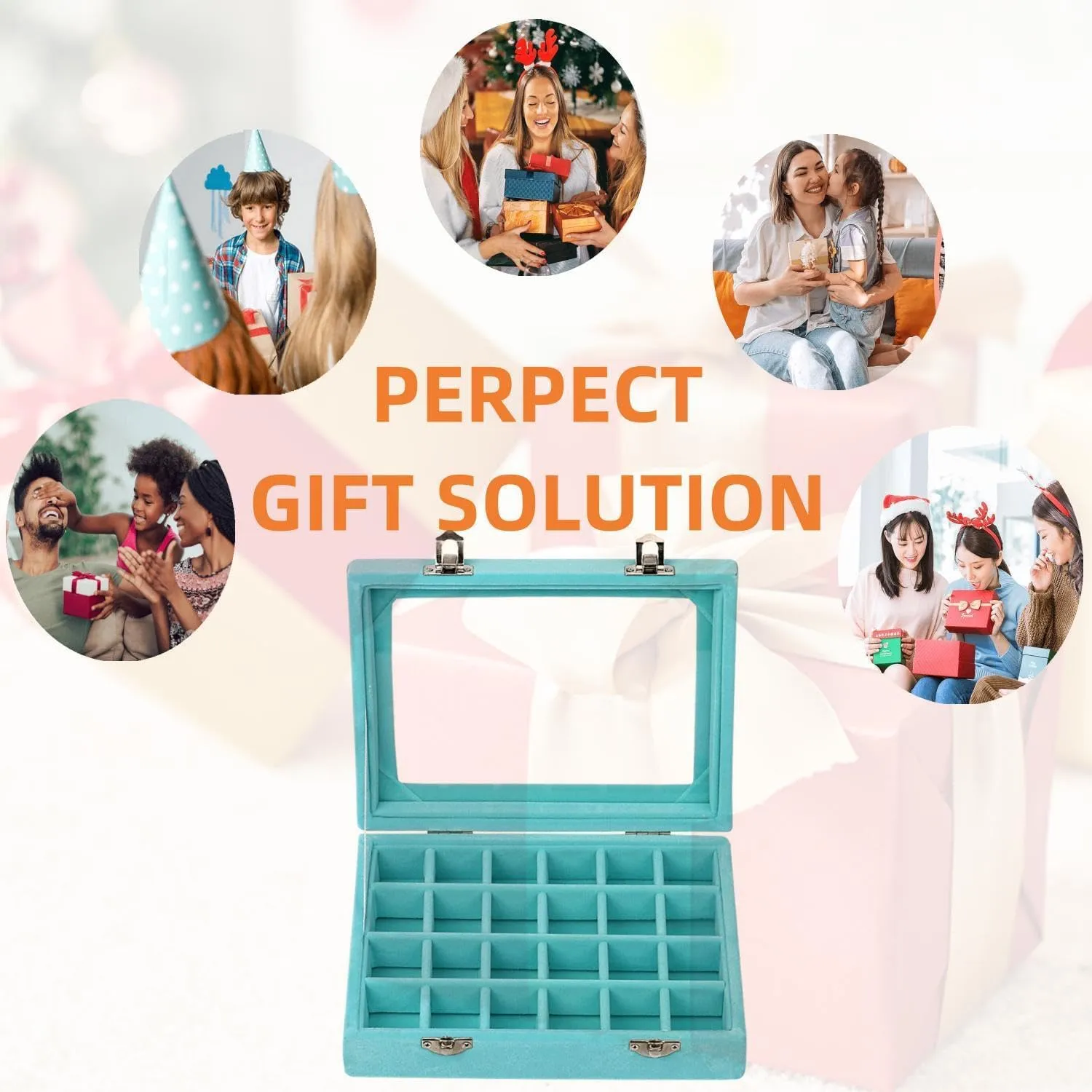 Velvet Glass Jewelry Ring Display Organiser Box Tray Holder Earrings Storage Case (Light Blue)