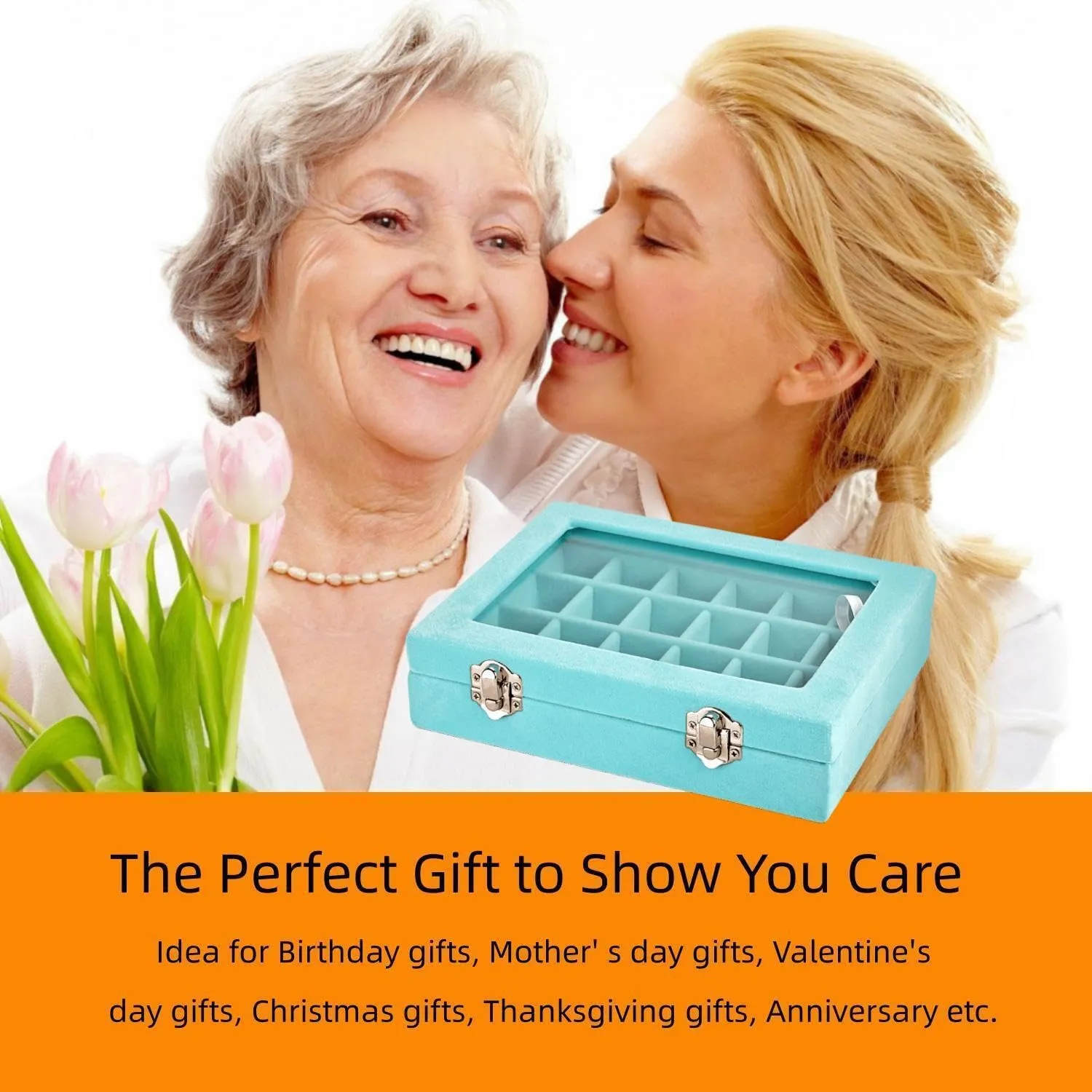 Velvet Glass Jewelry Ring Display Organiser Box Tray Holder Earrings Storage Case (Light Blue)