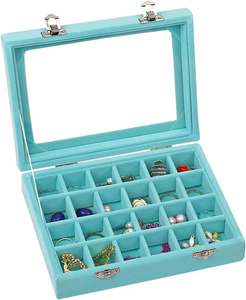 Velvet Glass Jewelry Ring Display Organiser Box Tray Holder Earrings Storage Case (Light Blue)