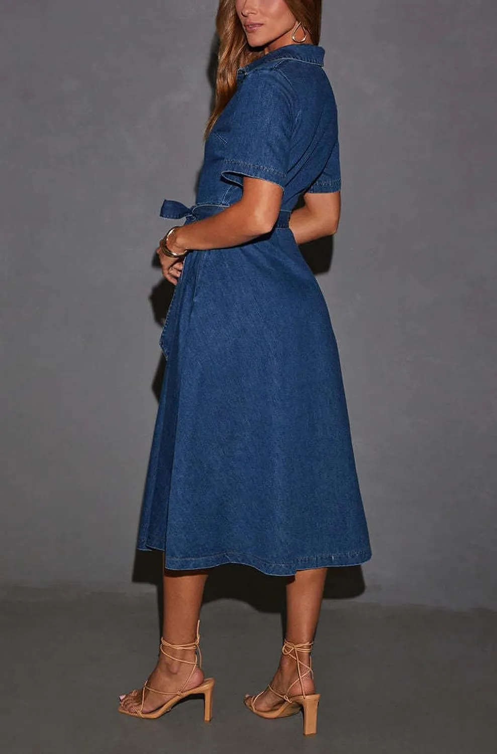 Women Summer Short Sleeve Button Down Denim Shirt Dress Business Casual Belted Jean Midi Long Dress