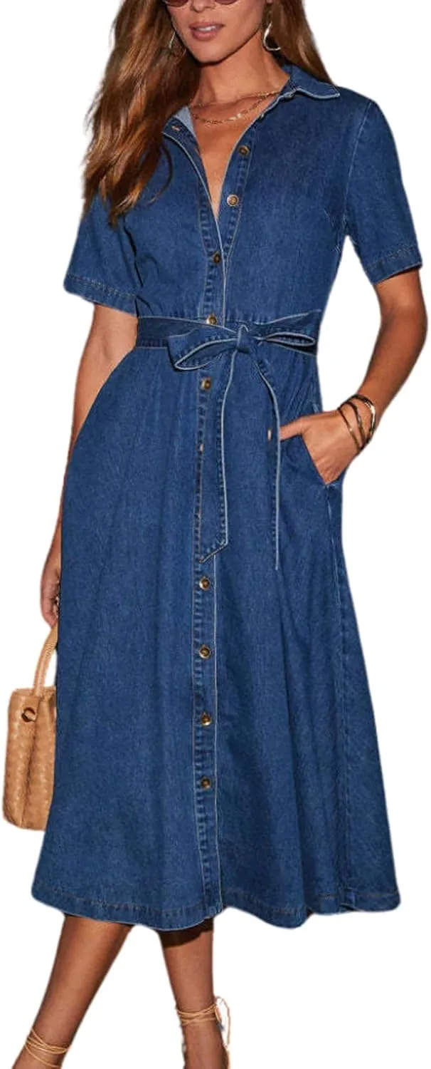 Women Summer Short Sleeve Button Down Denim Shirt Dress Business Casual Belted Jean Midi Long Dress