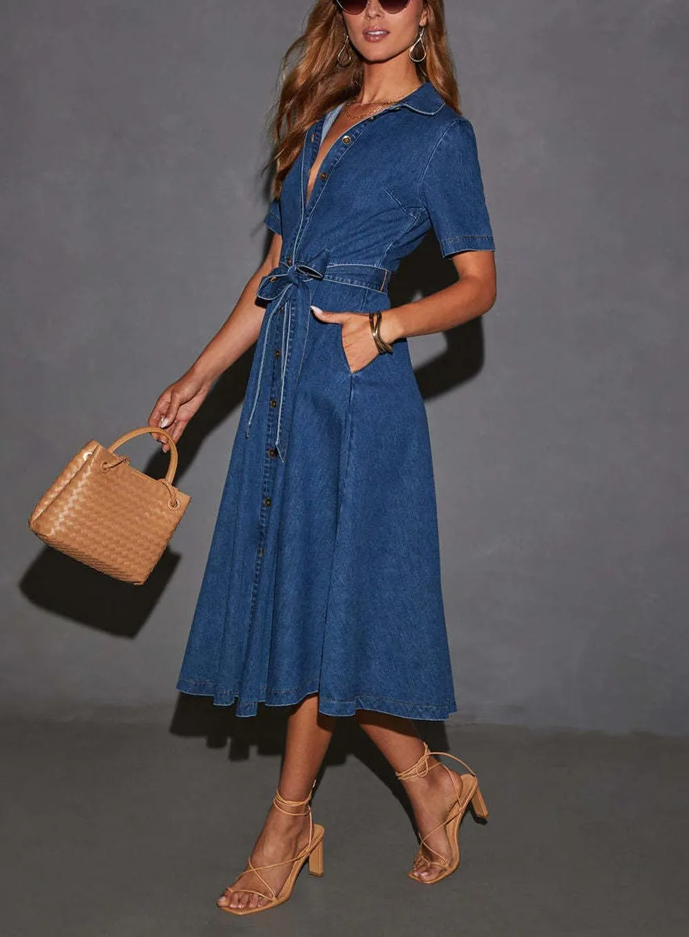 Women Summer Short Sleeve Button Down Denim Shirt Dress Business Casual Belted Jean Midi Long Dress