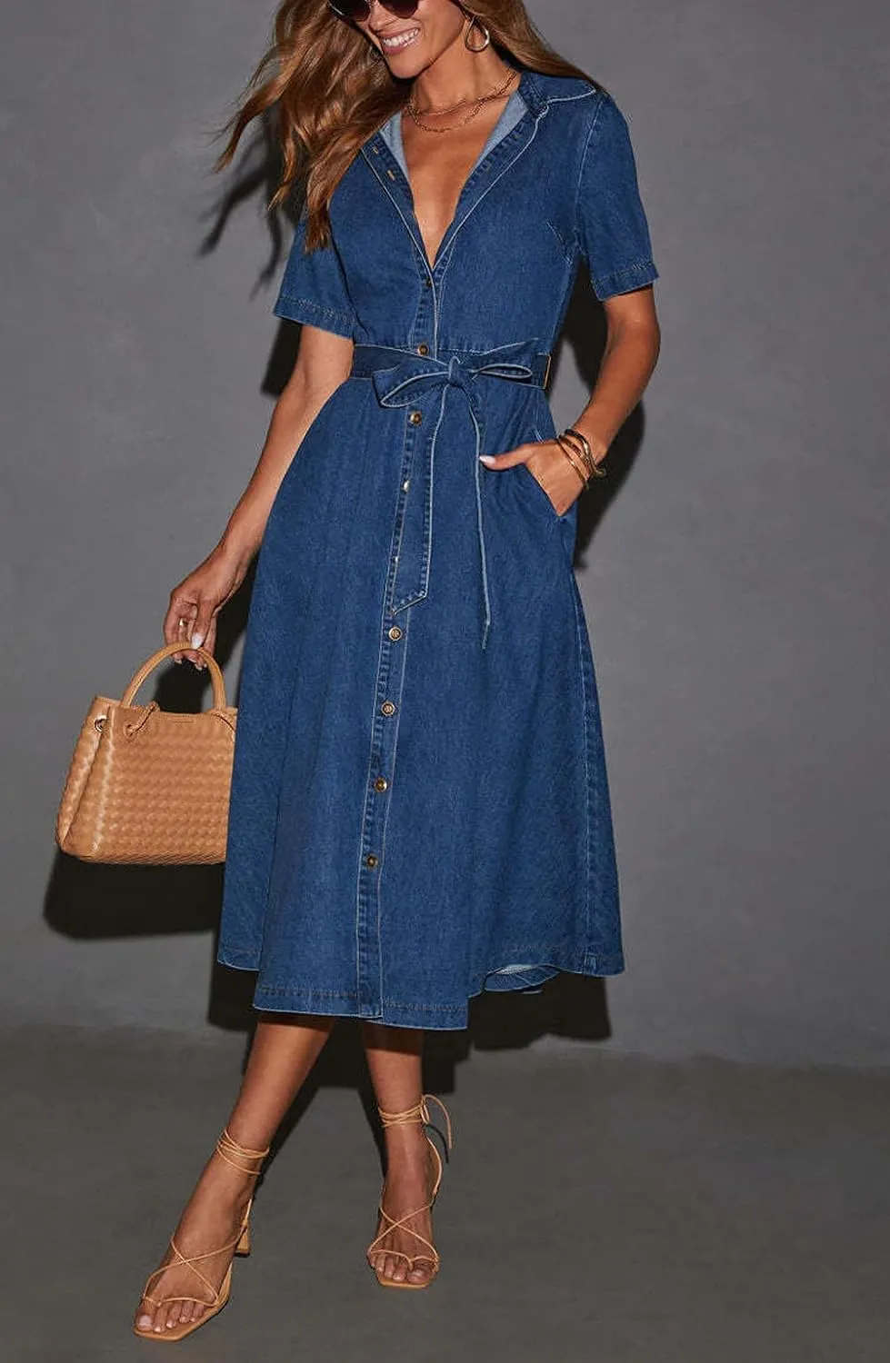 Women Summer Short Sleeve Button Down Denim Shirt Dress Business Casual Belted Jean Midi Long Dress