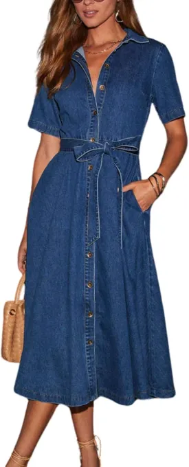 Women Summer Short Sleeve Button Down Denim Shirt Dress Business Casual Belted Jean Midi Long Dress