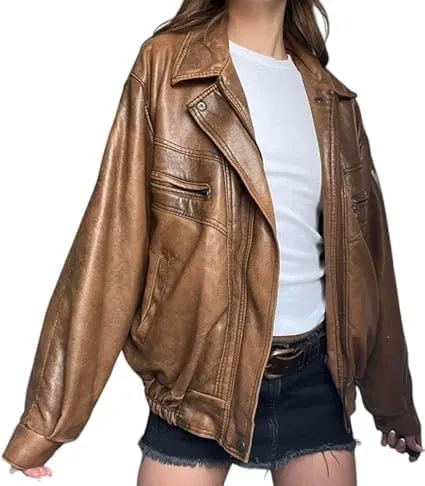 Womens 90'S Vintage Oversized Bomber Classic Style Casual Distressed Brown Genuine Leather Jacket