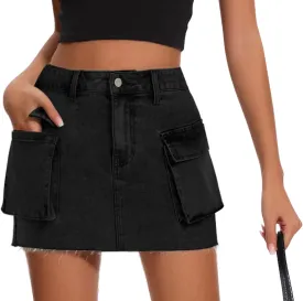 Womens Denim Cargo Skirt Low Waist Y2k Mini Jean Skirts with Flap Pockets