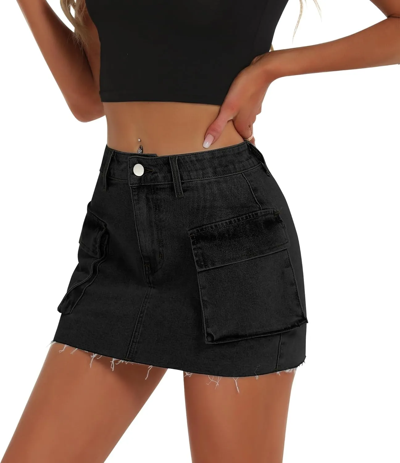 Womens Denim Cargo Skirt Low Waist Y2k Mini Jean Skirts with Flap Pockets