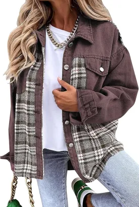 Women's Oversized Denim Shacket Jacket Plaid Long Sleeve Shirt Boyfriend Button Down Blouses Tops(0268-Brown-M)