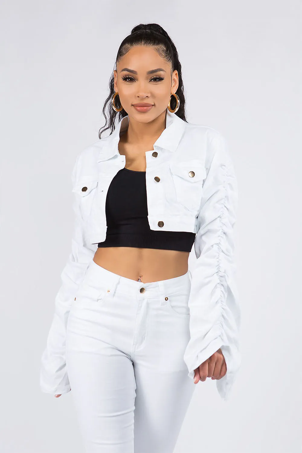Women's Scrunched Bungee Sleeve Cropped Denim Jacket