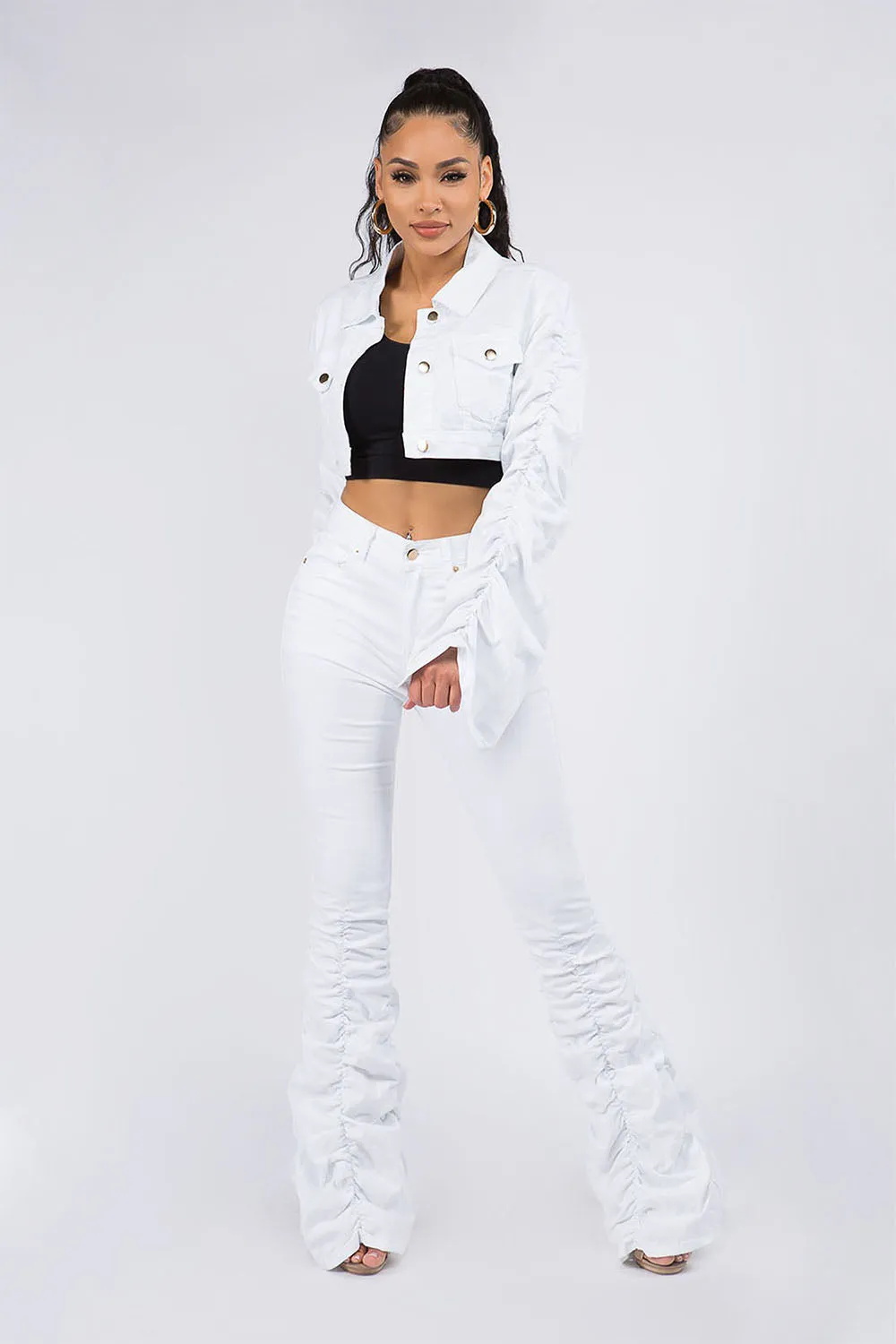 Women's Scrunched Bungee Sleeve Cropped Denim Jacket