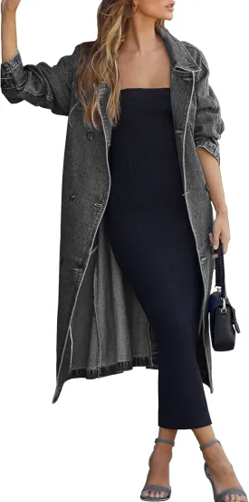 Women's Vintage Notched Collar Double Breasted Over Knee Midi Long Denim Jacket Trench Coat with Belt