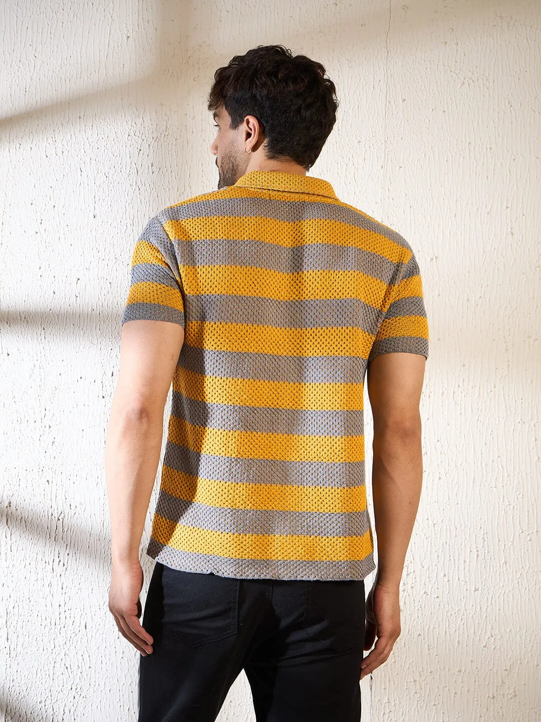 Yellow & Grey Striped Crochet Shirt