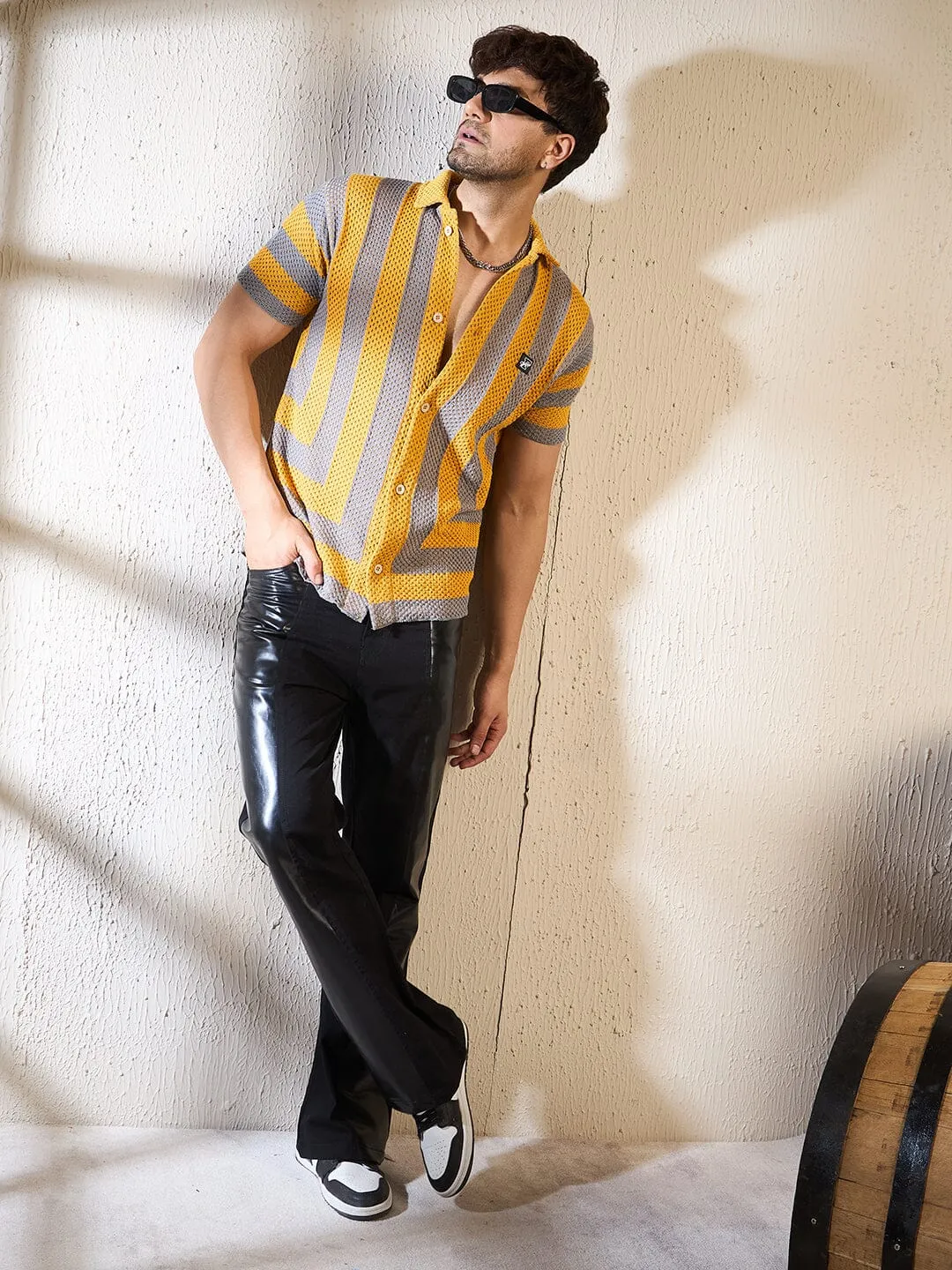 Yellow & Grey Striped Crochet Shirt