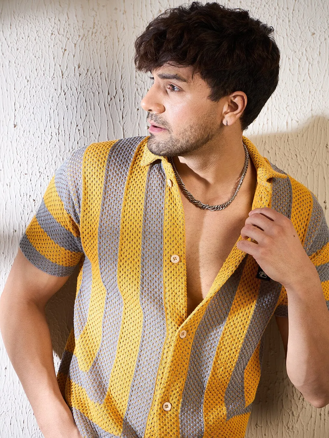 Yellow & Grey Striped Crochet Shirt
