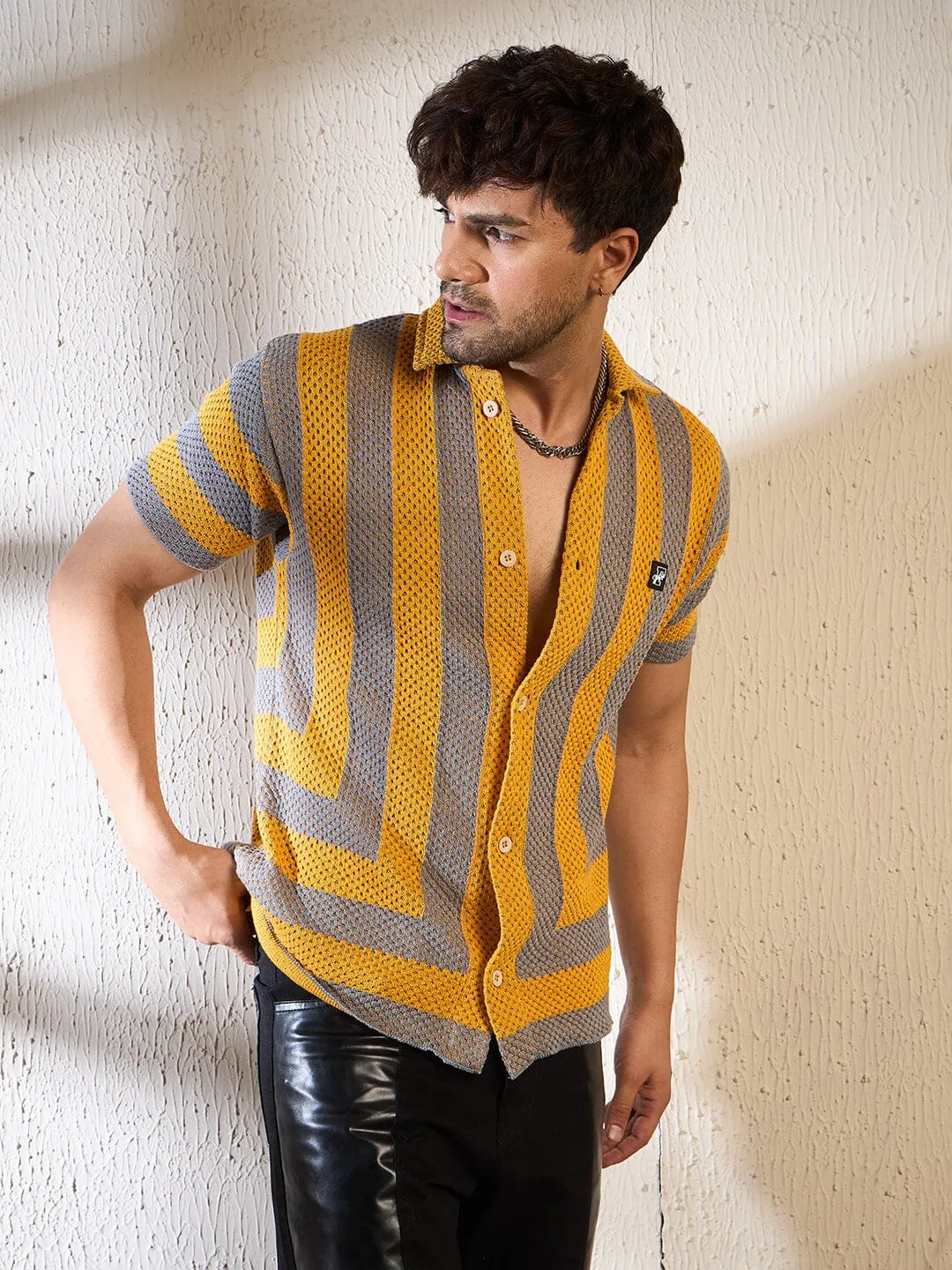 Yellow & Grey Striped Crochet Shirt