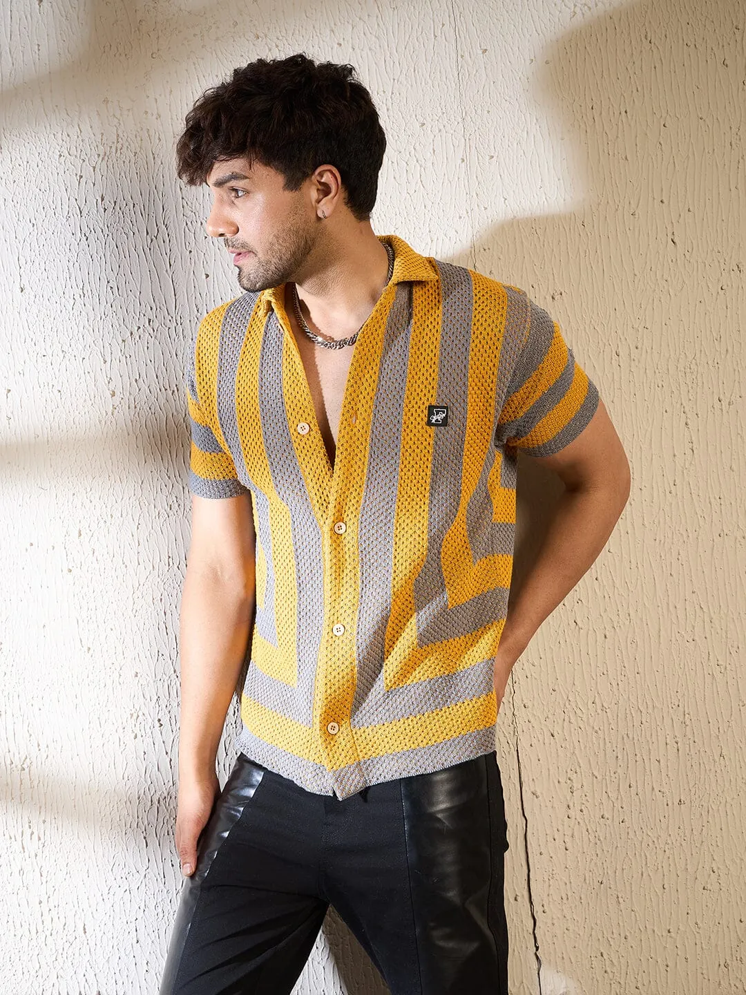 Yellow & Grey Striped Crochet Shirt