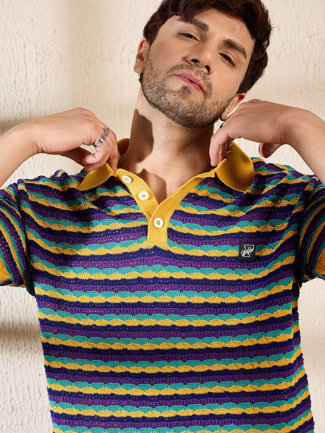 Yellow Multi Coloured Striped Crotchet Knitted Polo Tshirt