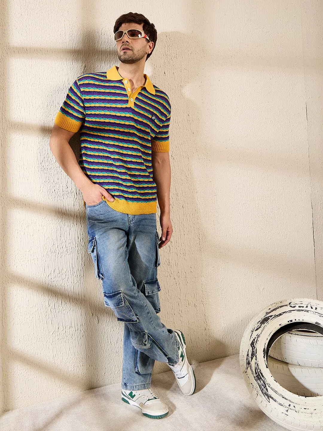 Yellow Multi Coloured Striped Crotchet Knitted Polo Tshirt