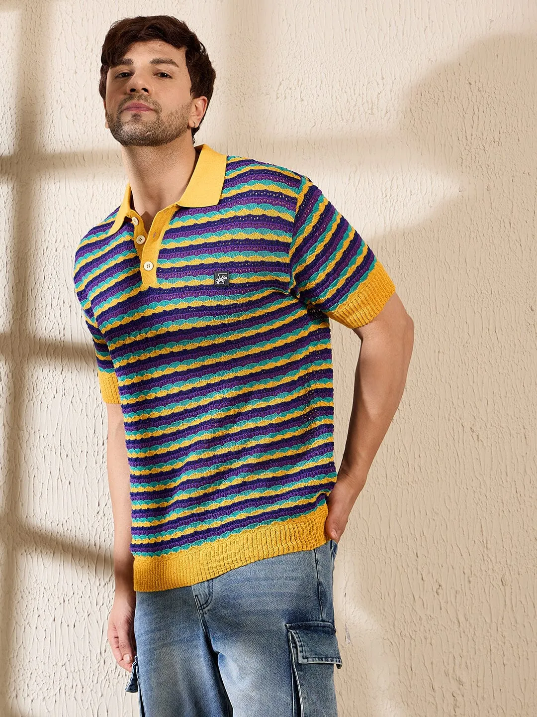 Yellow Multi Coloured Striped Crotchet Knitted Polo Tshirt