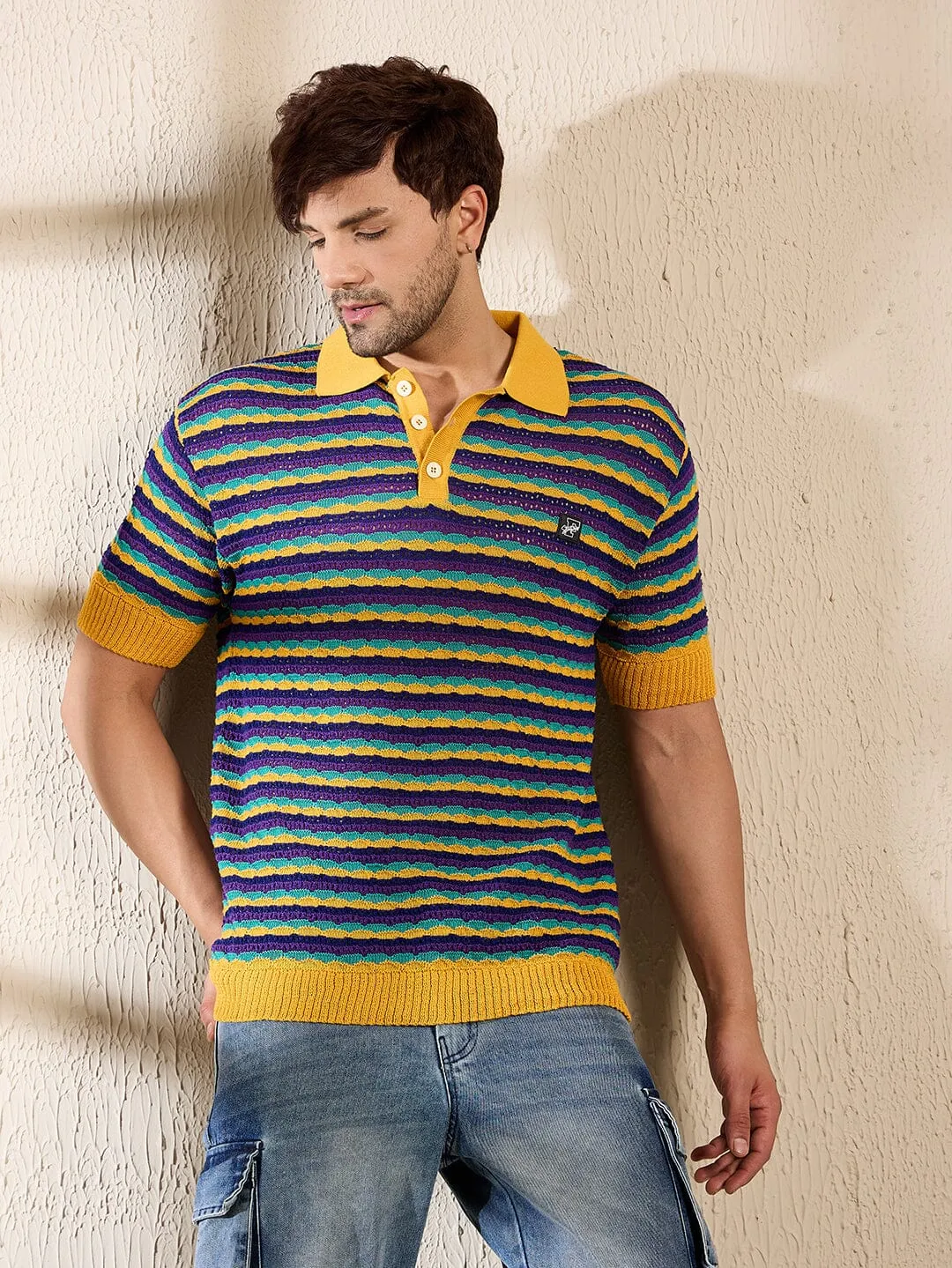 Yellow Multi Coloured Striped Crotchet Knitted Polo Tshirt