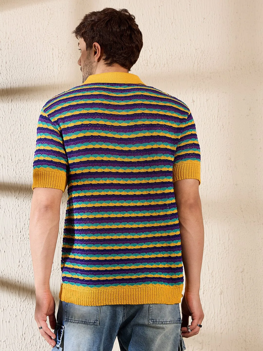 Yellow Multi Coloured Striped Crotchet Knitted Polo Tshirt